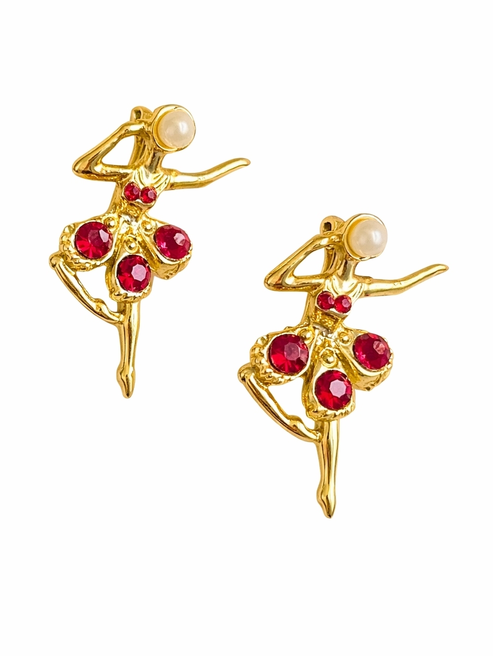 Gold Tone Ballerina Brooch Pin Set Ruby Red Rhinestone Faux Pearl Ballet